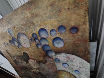 Large Textured Abstract Painting Canvas Blue Orbs Gold Ochre Mixed Media Art