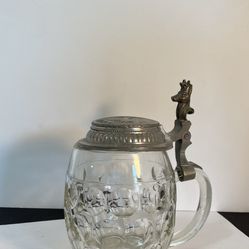 Vintage Thumbprint Glass & Pewter Stein with Stag Handle