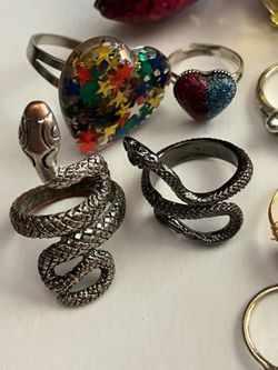 15 x Mixed Size Rings - Hearts Snakes Crystals - Costume Jewelry