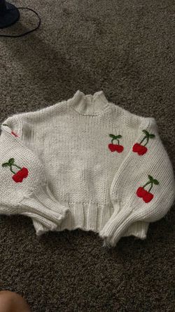 Creamy White Forever 21 Cherry Knitted Sweater. Size M but neck hole is SUPER SMALL