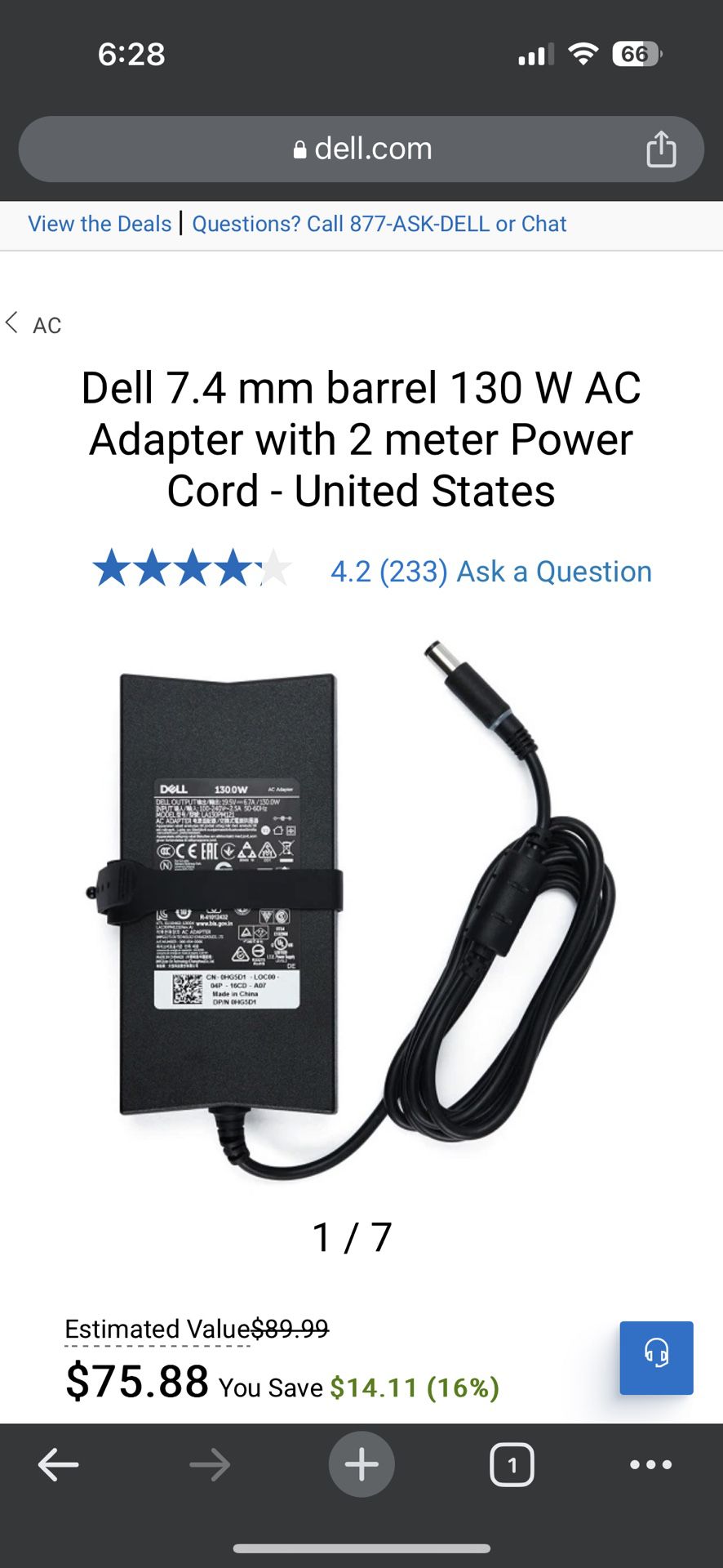 Dell 7.4 mm barrel 130 W AC Adapter with 2 meter Power Cord