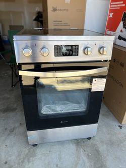 LANBO 24 in. 4 Burner Elements Freestanding Electric Range in Stainless Steel with Air Fry, Rotisser