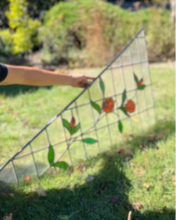 Vintage Stained Glass Triangular Window Panel - Architectural Salvage Leaded Glass Transom Sidelight - Orange Roses Floral Vine Art