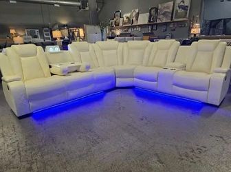 White breathing leather recliner sectional sofa with LED lights,cup holders