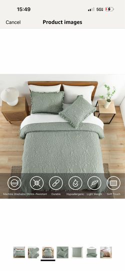 Ruffled Crinkled Farmhouse Rustic Shabby Chic Bedding Set, Reversible Bedspread with 2 Pillowcases
