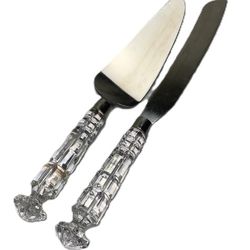 Cake knife and server set, cake cutter and Pie spatula, Silver Blade and faux crystal andle wedding cake cutting set, silver knife set for party, birt