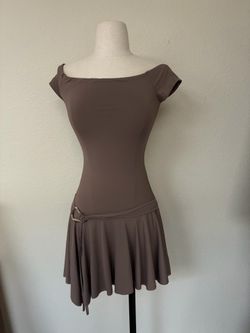 Edikted Mocha Off-the-shoulder Dress with Belt, size XS