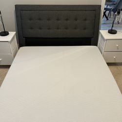 Queen Bedroom Set – Like New Mattress + Upholstered Frame + Nightstands + Lamps – $450 