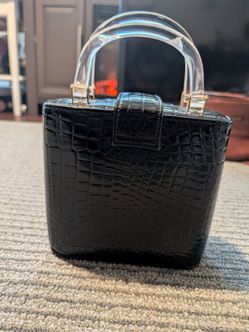 Women’s Black Croc-Embossed Small Rectangle Top Handle Bag, Clear, Gold, Lined vintage box purse black faux leather clear handles clean used excellent
