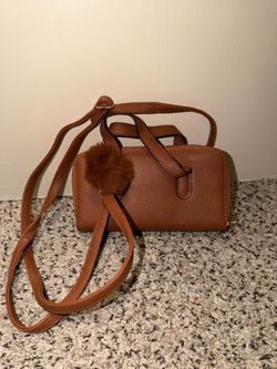 Brown Crossbody Bag with Pom Keychain
