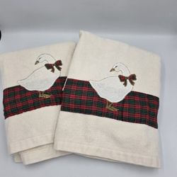 R. A. Briggs Christmas Goose Duck 2 Bath Towels Red Green Gold Plaid Ivory VTG 