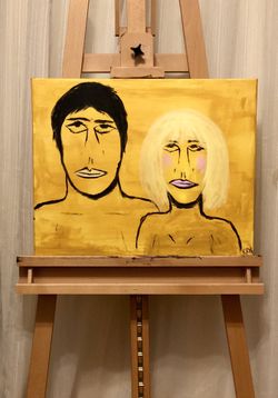 Original Painting - Man & Woman Painting Portrait Yellow Wall Decor - Acrylic Wall Art on Canvas 20” wide x 16” tall (1” canvas width)