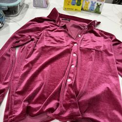 Women’s Rose Red Velvet Button Up Collared Blouse 