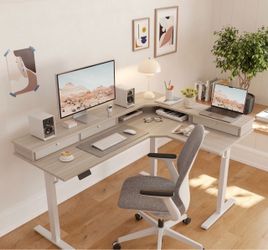 L Shaped Electric Standing Desk, 63x48 inch Large with Drawers | Reversible Tabletop