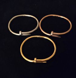 White, Rose and Yellow Gold Plated over Stainless Steel Nail Bangle Bracelet