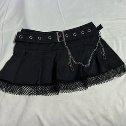 Shein Black Punk Chain Buckled Fishnet Alternative Rave Pleated Skirt