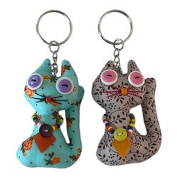 Kitty Cat Key Chains Button Eye Glass Beads Hand made Set of 2 Kittens Stocking