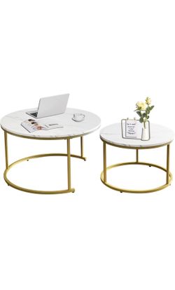 AT-VALY Coffee Table Set of 2 Nesting Tables,Round Sofa Table for Living Room, (D) 31.5" x(H) 18.5", (D) 23.6" x(H) 15.3" (Gold & White)