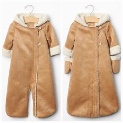 Baby Gap 3-6 Months Tan Shearling Neutral CONVERTIBLE BUNDLER & MITTENS Winter Suit snow bunting  Jacket Top 