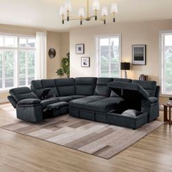 Brand New Dark Grey Super Plush Power Reclining Sectional Sofa Storage Sleeper