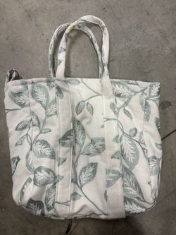 White and Sage Green Leaf Print Fabric Tote Bag W Handles and Adj Strap