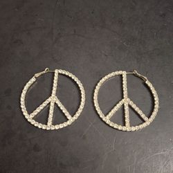 Fashion Hoop Earrings With Rhinestone Encrusted Peace Sign Motif 2.5"