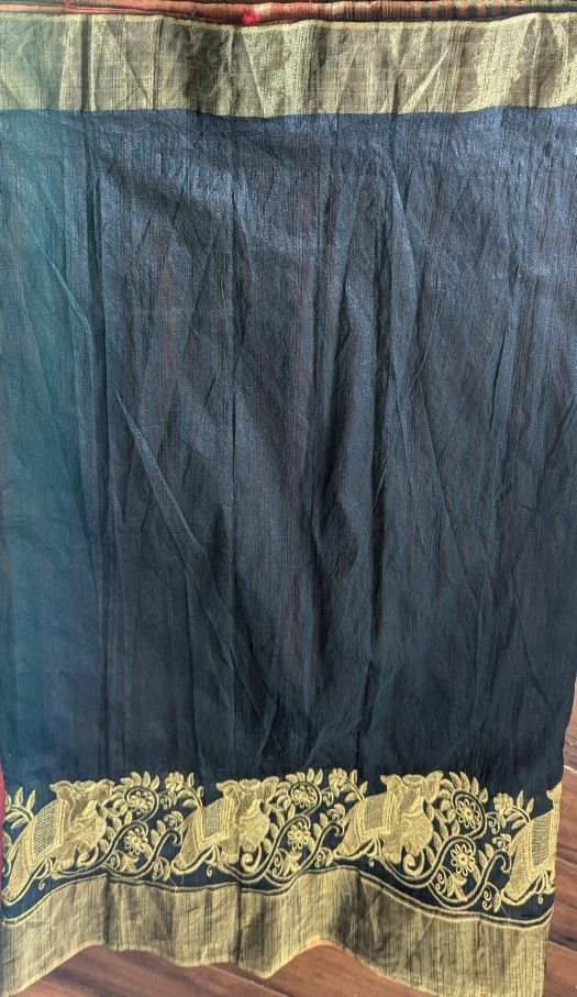 Beautiful Black with Wine Red Color with golden zari Cotton Silk Saree(Half Saree Model) With unstitched attach blouse for $35