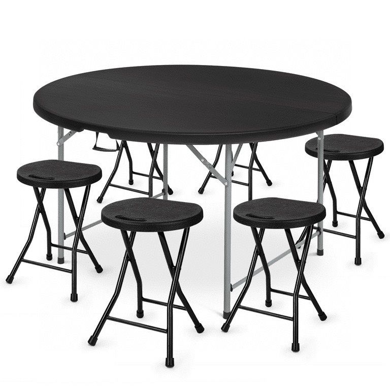 7 Pieces 5 FT Folding Black Round Table and 6 Chairs Set, Indoor Outdoor Event Party Desk and Foldable Steel Stools