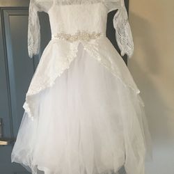 Lace Applique Sequins Tulle Wedding Flower Girl Dress Princess Size 6-7