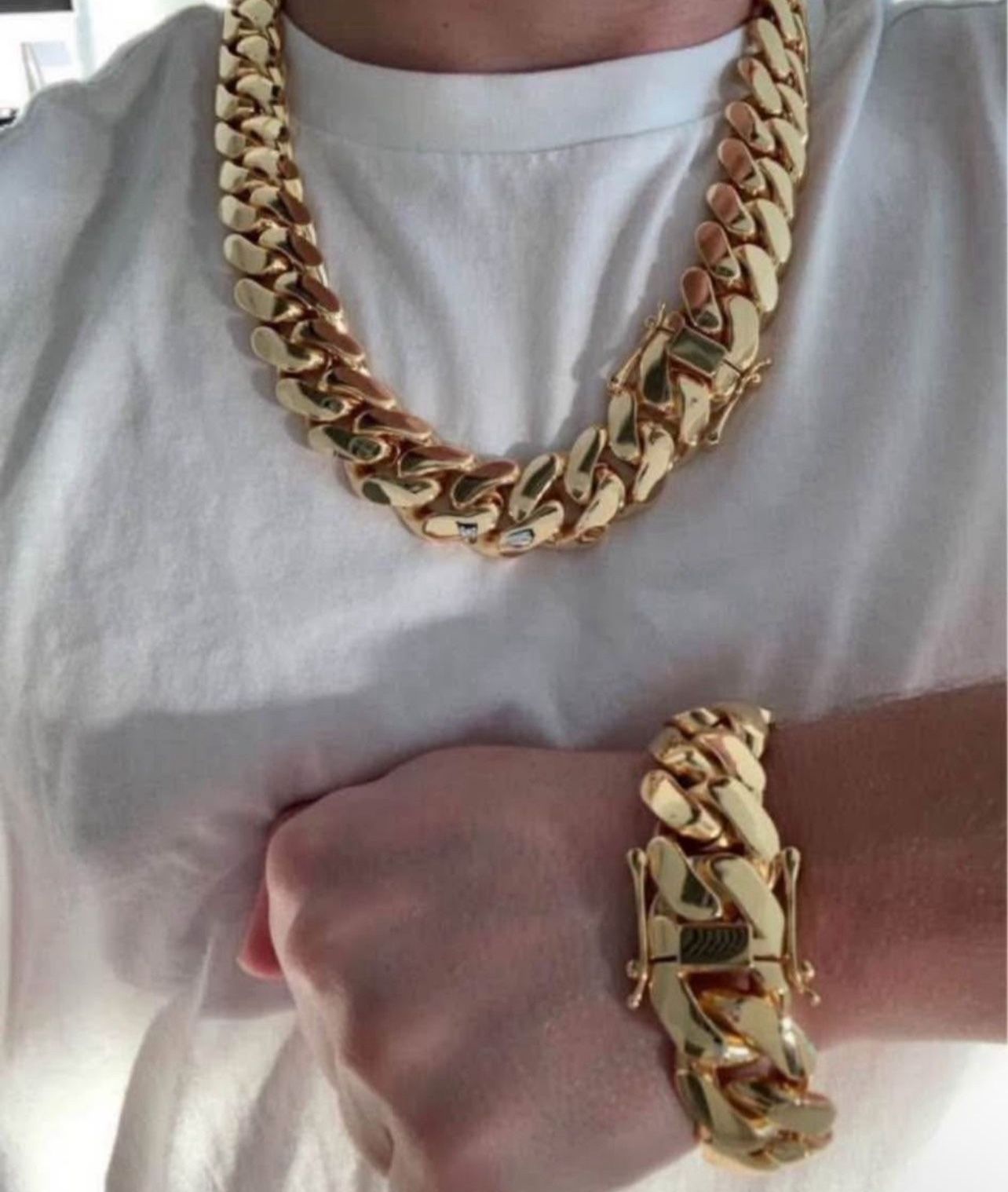 Set Chain & Bracelet 20mm Miami Cuban Link Yellow Gold Plated Chain Necklace 18k & 14k Crab Old School Regular Lock