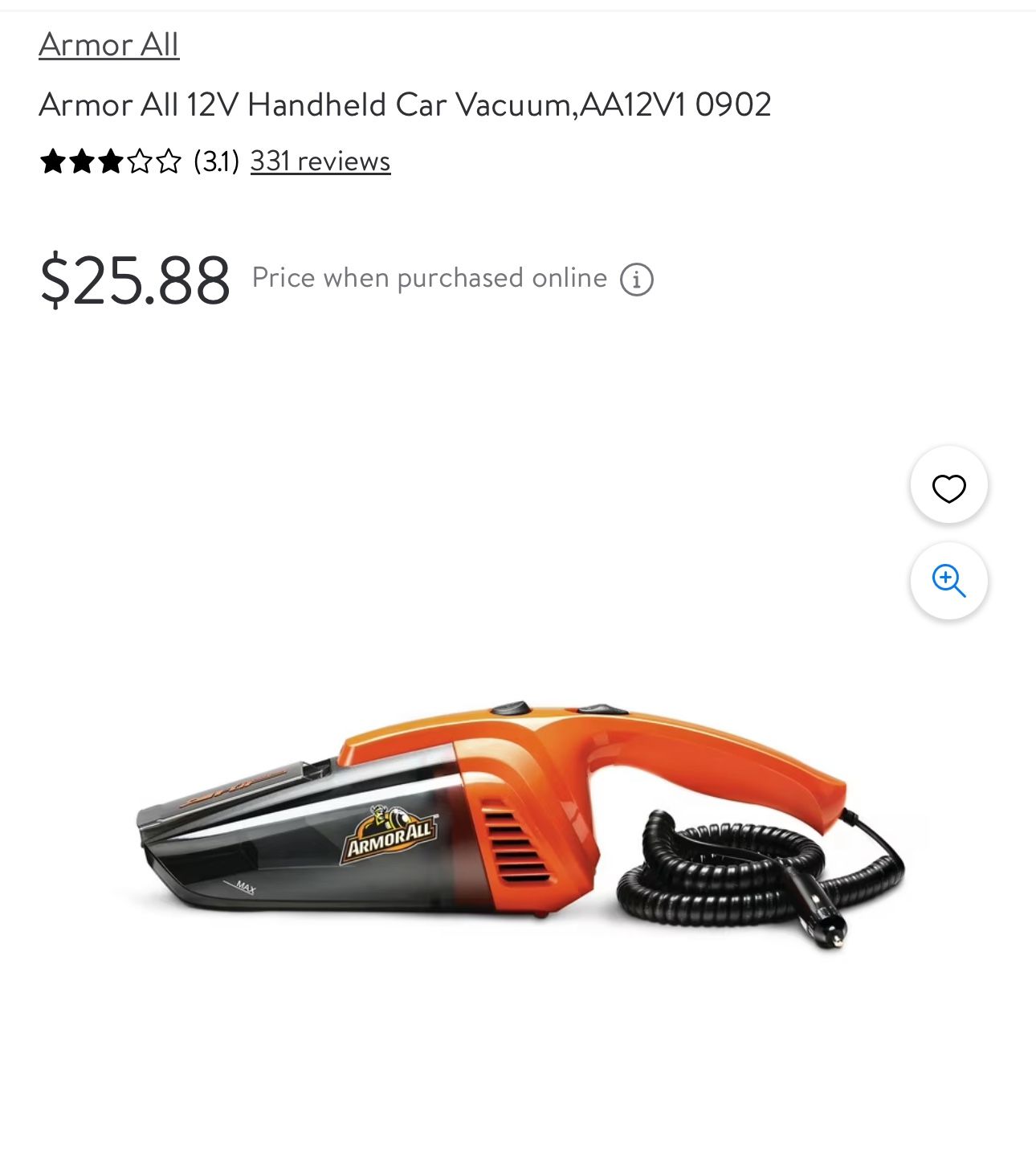 Armor All 12V Handheld Car Vacuum,AA12V1 0902