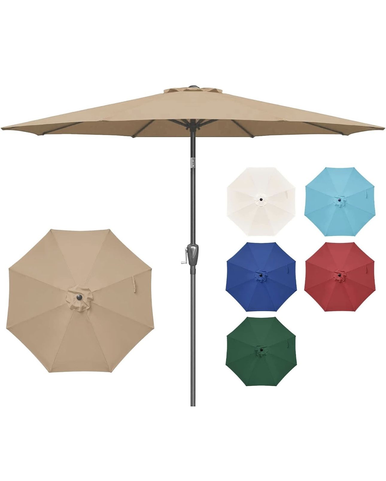  9' Patio Umbrella Outdoor Table Market Yard Umbrella with Push Button Tilt/Crank, 8 Sturdy Ribs for Garden, Deck, Backyard, Pool, Tan
