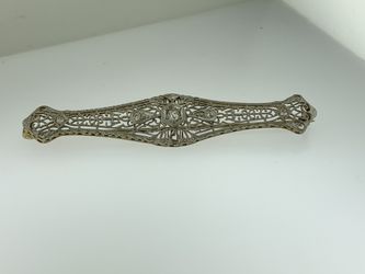 Estate 14K White Gold Filigree Bar Pin Brooch~ 0.30 ctw Diamond Art Deco Style