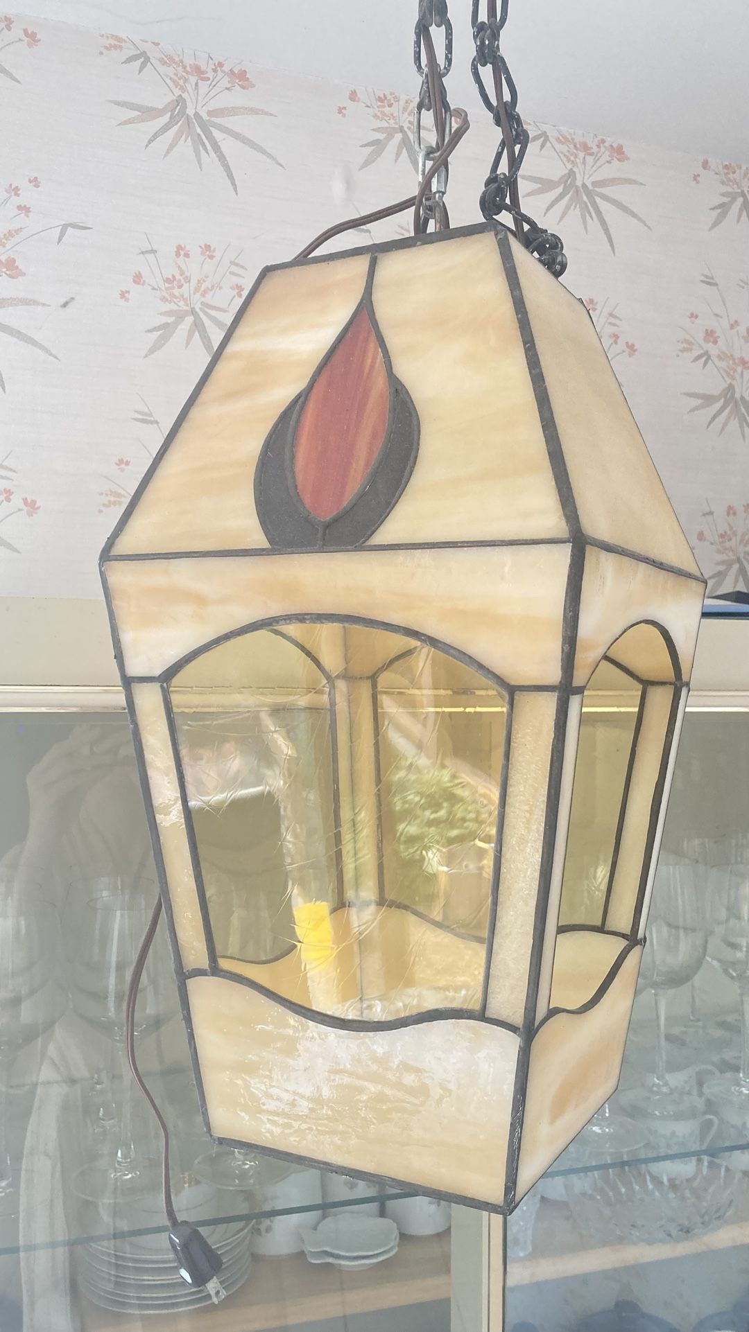 VTG Tiffany Style Stained Leaded Slag Art Glass Pendant Light Hanging Fixture