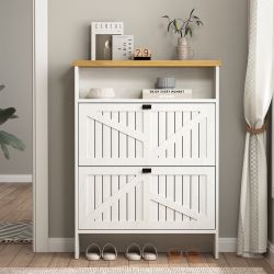 New 31.5” White Modern Shoe Cabinet with 2 Flip Drawers & Storage Shelf, Natural Wood Top