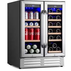 Hooure Dual Zone 24 in.18-Bottle Wine and 88-Can Built-In and Freestanding Beverage Cooler, Stainless Steel