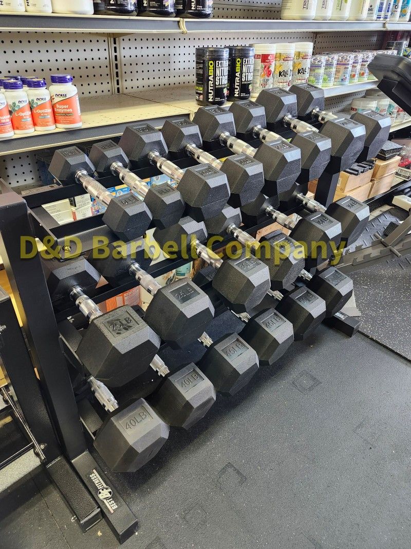 NEW 5-50lb Rubber Hex Dumbbell Set WITH RACK! Weights Dumbbells Kettlebells Available!