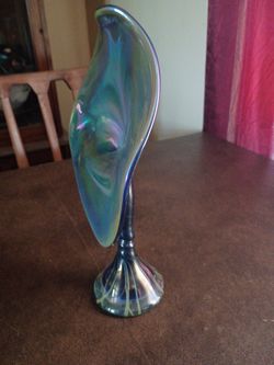 Hand Blown Iridescent Art Glass Blue Jack-In-The-Pulpit Vase