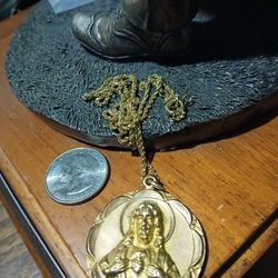 Antique  French 14K Gold Sacred Heart Of Jesus/St Therese Double Sided Pendant with Chain