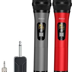 Wireless Microphone, Bietrun UHF Metal Dual Handheld Cordless Dynamic Mic System with Rechargeable Receiver, 1/4‘’Output, for Karaoke, Church, Speech,