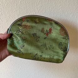 Green Chinese vintage  Brocade Cosmetic Pouch zippered makeup carry all bag