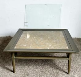 Mid Century Modern Wooden Square Coffee Table With Portuguese Marble Inlaid Top - 44"W × 44"D x18"H - Excellent Condition