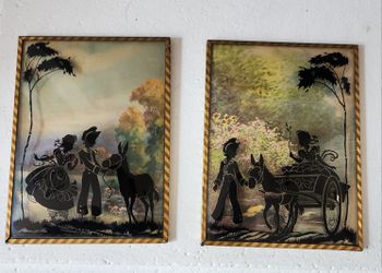 Pair Of Two Vintage Reverse Painted Convex Glass Shadow Pictures