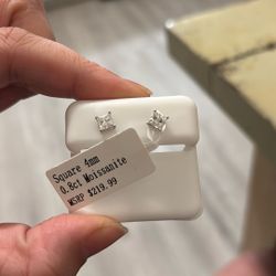 4mm Square Moissanite and silver earring