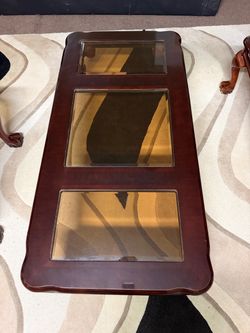 Vintage Wood Coffee Table with Glass Inlay Panels