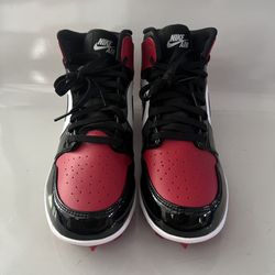 Air Jordan1 Mid TD 'Bred Toe Football Cleat Red Black Patent FJ6805-601 Size 11