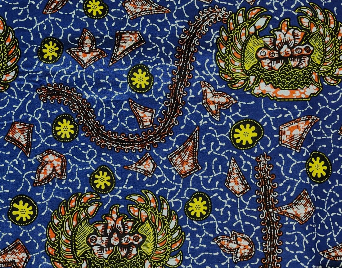 African Fabric 1 Yard Cotton Wax Ankara Print BLUE GREEN Orange Abstract