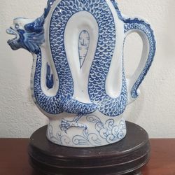 White & Blue Chinese Teapot Pitcher Porcelain Dragon Shape.