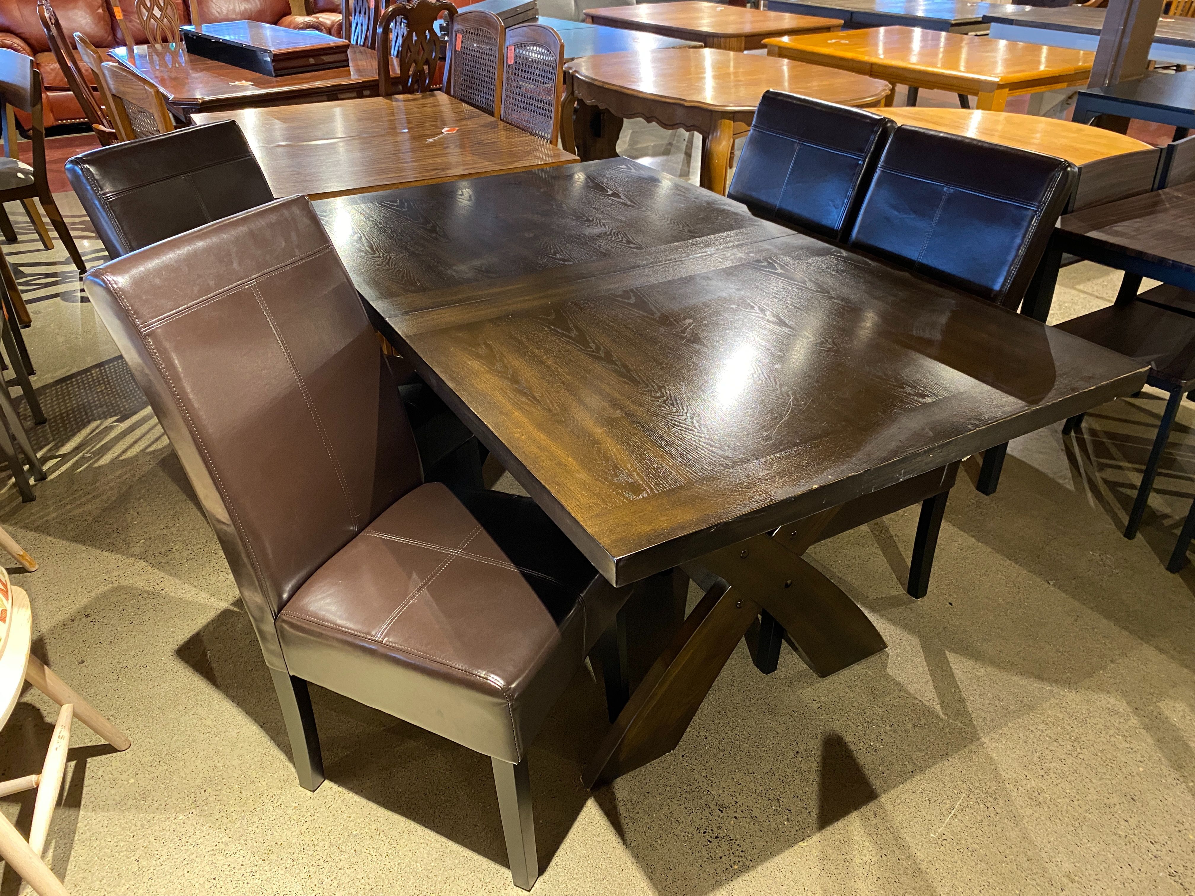 BAYSIDE FURNISHINGS Trestle Style Dining Table with Four Chocolate Brown Chairs