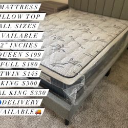 😴Mattress🥱 ✨Pillow top  ✨12” inches tall 💥Queen $199 💥Full $180 💥Twin $150 💥King $330 💥Cal king $330  💥Delivery available🚛 